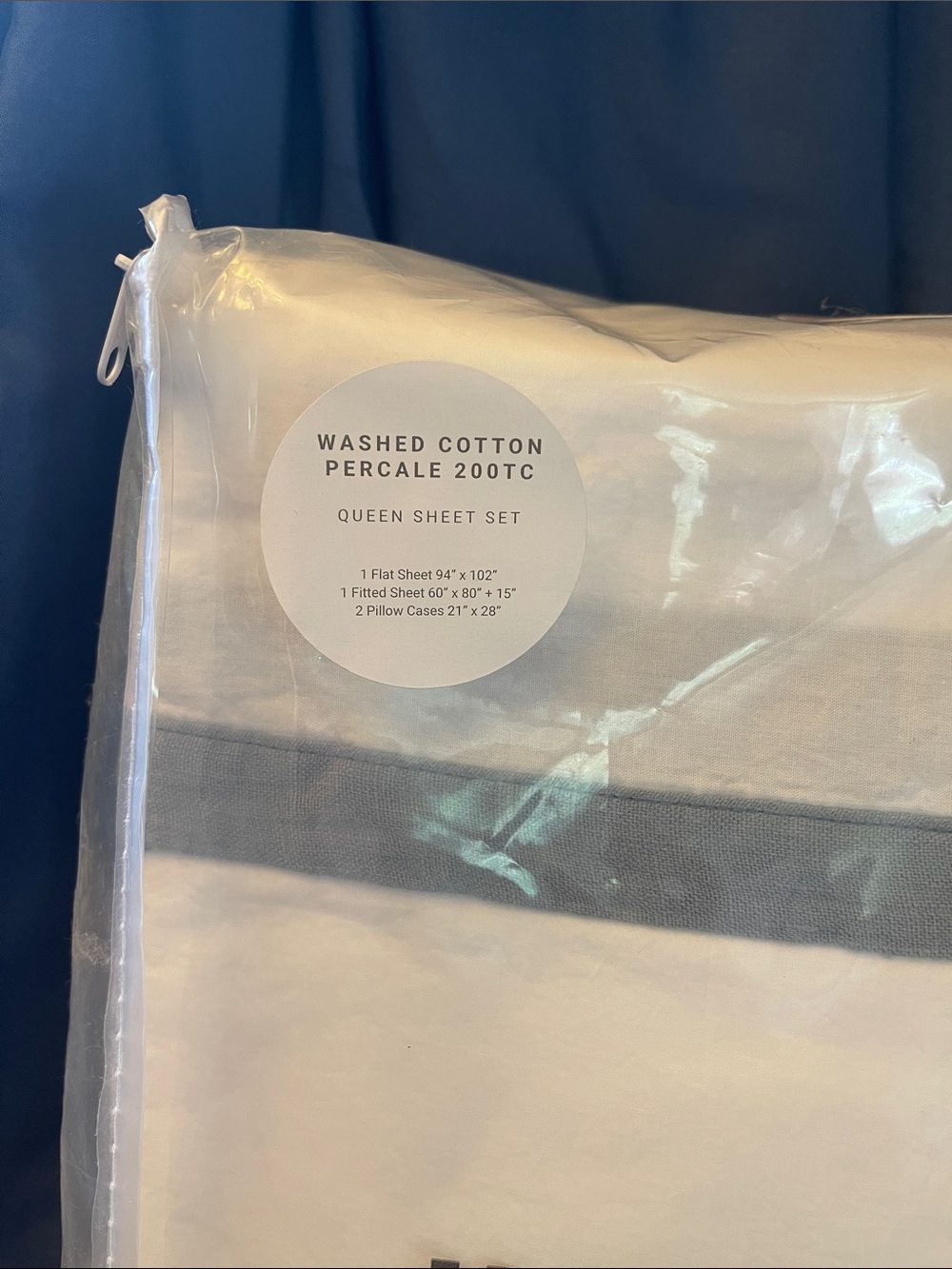 INUP HOME White Cotton Percale Sheet Set with Blue-Grey Trim - Picture 3 of 5